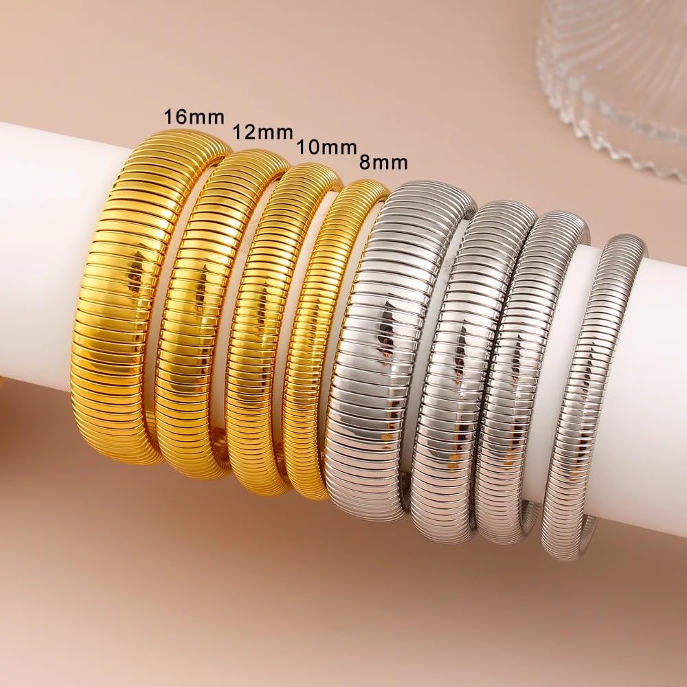 JUNYANGY Gold Bangles for Women Set of 3 Chunky Stretch Bangles Bracelets 24K Gold Plated Stainless Steel Bracelets Flexible Wide Stack Bracelets Designer Look Alike Jewelry for Women (12mm Gold)