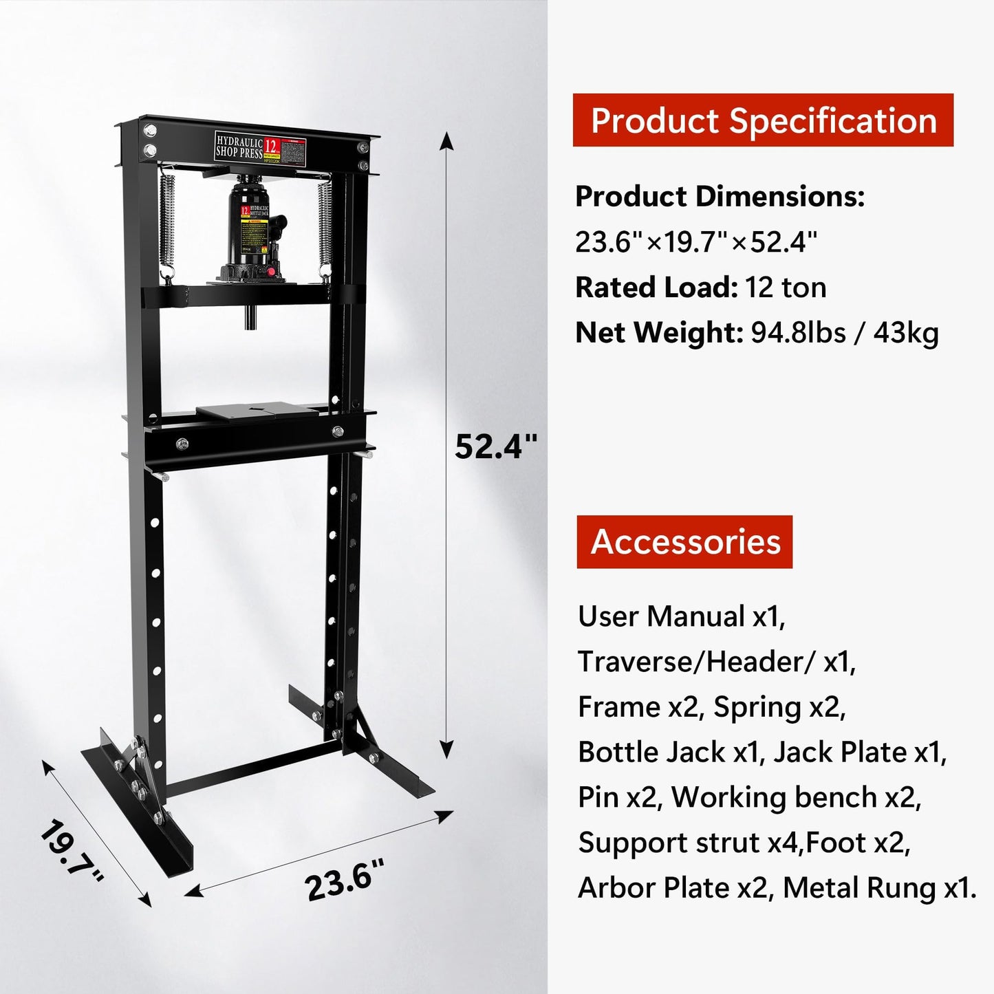 GarveeTech 12 Ton Shop Press, H-Frame Garage Floor Adjustable Hydraulic Shop Press with Stamping Plates to Bend, Straighten, Or Press Parts, Install Bearings & U-Joints