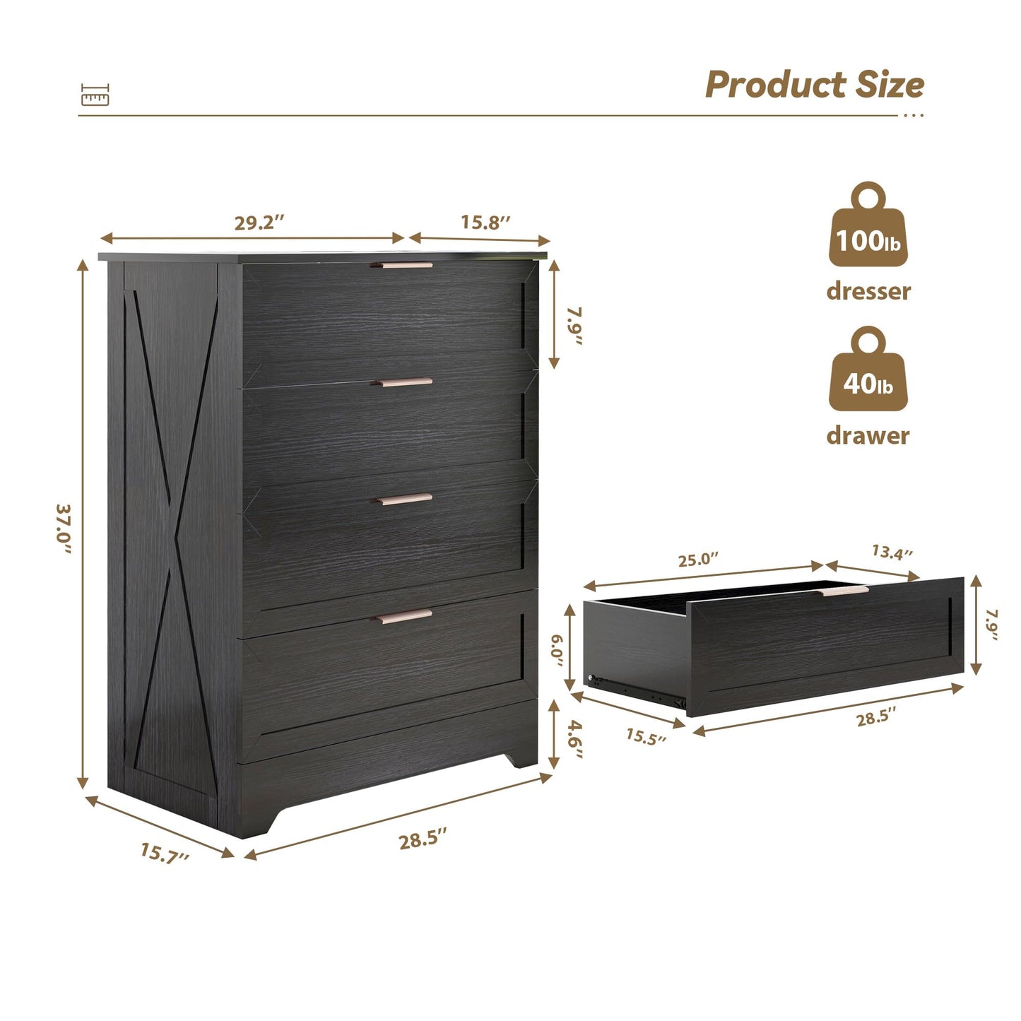 FTZxHKLX Modern 4 Drawer Dresser for Bedroom, Tall Bedroom Dresser with Large Drawer & Rose Gold Handles, Wooden Storage Organizer Cabinet Chest of Drawer for Closet, Living Room, Hallway, Black