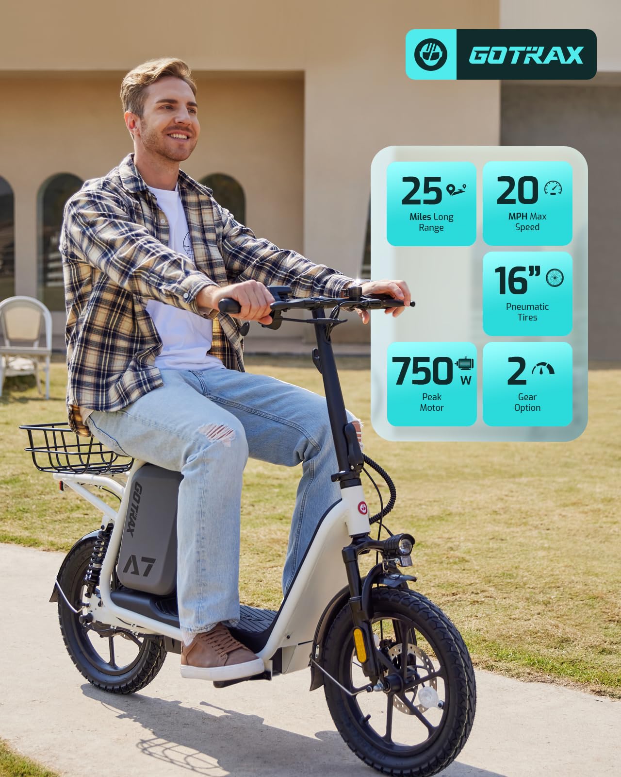 Gotrax A7 Electric Scooter for Adults-16 Pneumatic Tires, 500W Motor Hits 20 Mph, 28 Miles Range & 2 Gears, Comfortable Seat & Big Seat Bag, Wider Deck & Carry Basket for Daily Commuting White