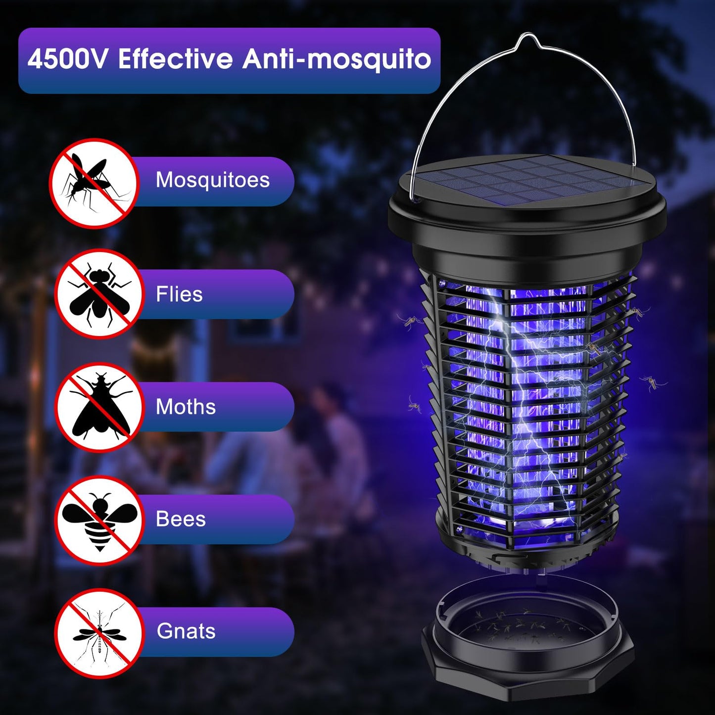 Solar Bug Zapper Outdoor & Indoor with 1.5W+4.5W Dual Solar Panel 2026, USB Rechargeable Electric Mosquito Zapper for Flies Gnats Moths, Fly Trap for Home, Patio, Backyard, Camping, Garden