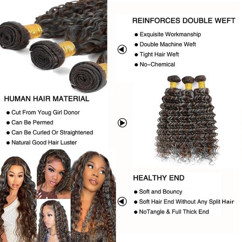 Giginger Bundles Human Hair P4/GREY 16 18 20 inch Deep Wave Human Hair Bundles Highlight Chocolate Grey Unprocessed Quick Weave Soft Sewn In Hair Extensions for Black Women
