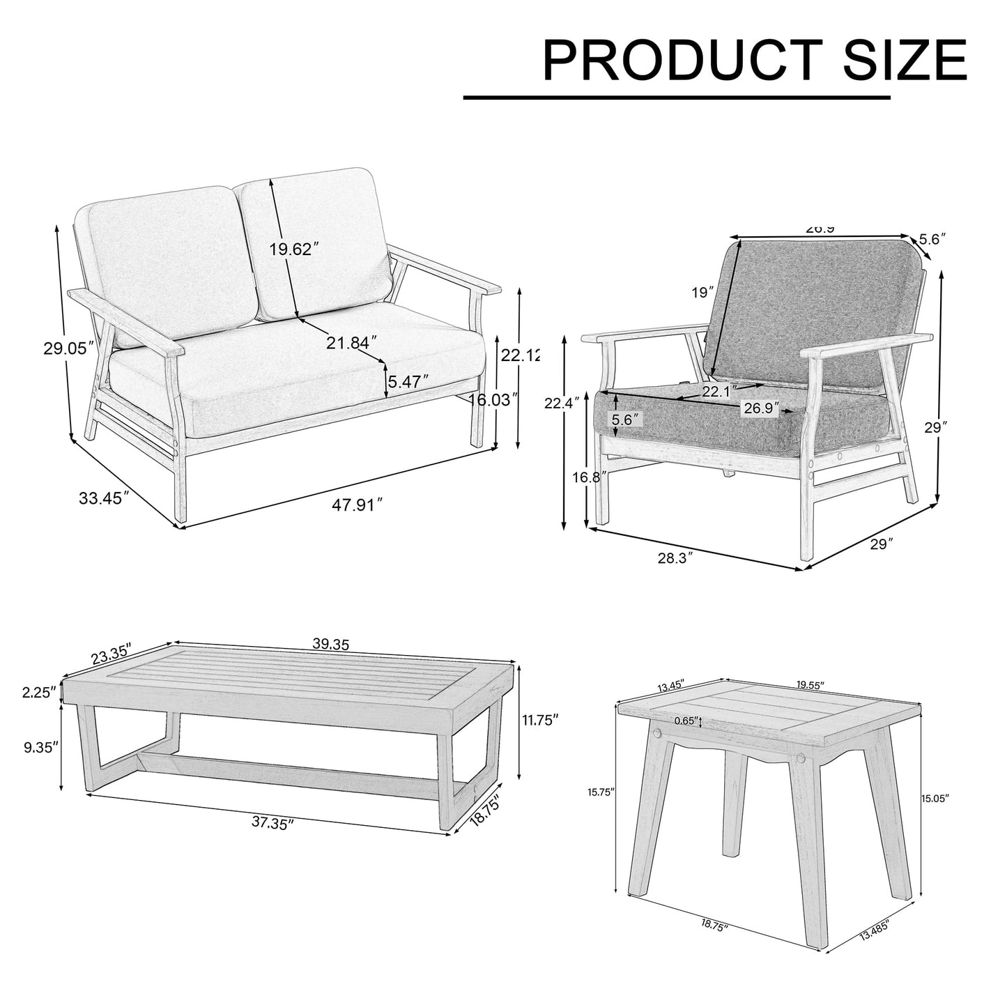 UIXE 6 Pieces Outdoor Patio Furniture, Wood Outdoor Sectional Furniture Patio Sofa Conversation Sets with Bistro Chairs, Coffee Table - Light Camel