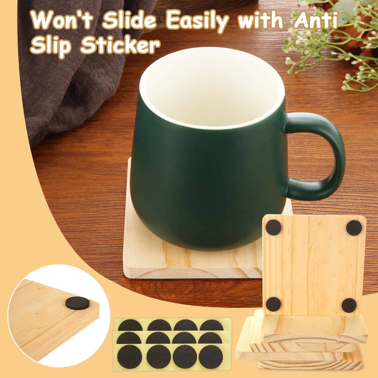CYEAH 50 Pcs Unfinished Square Wood Coasters, 4 inch Blank Wooden Craft Coasters with Non-Slip Foam Pad Stickers, Wooden Slices for Nature Crafts & Wedding Decoration Painting Wood Engraving