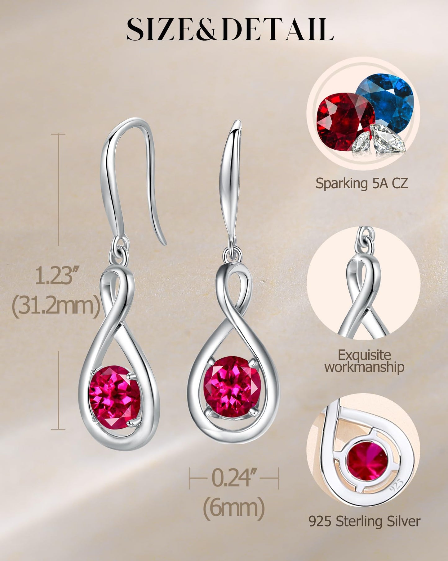 FANCIME Ruby Dangle Drop Earrings 925 Sterling Silver Dainty Infinity Red Gemstone July Birthstone Earring Fine Jewelry Birthday Mothers Day Gifts for Women Her
