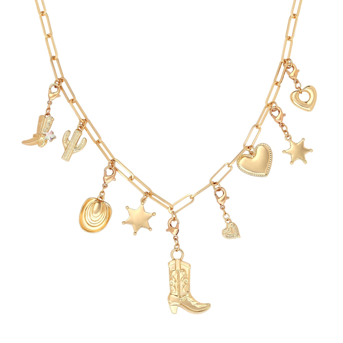 Women's Fashion Vintage Cactus Star Pendant Necklace - Detachable Multi Pendant Boot Charm Dainty Gold Chunky Paperclip Chain Layered Necklace Jewelry Gift for Her (Birthday, Valentine's Day, Christmas)