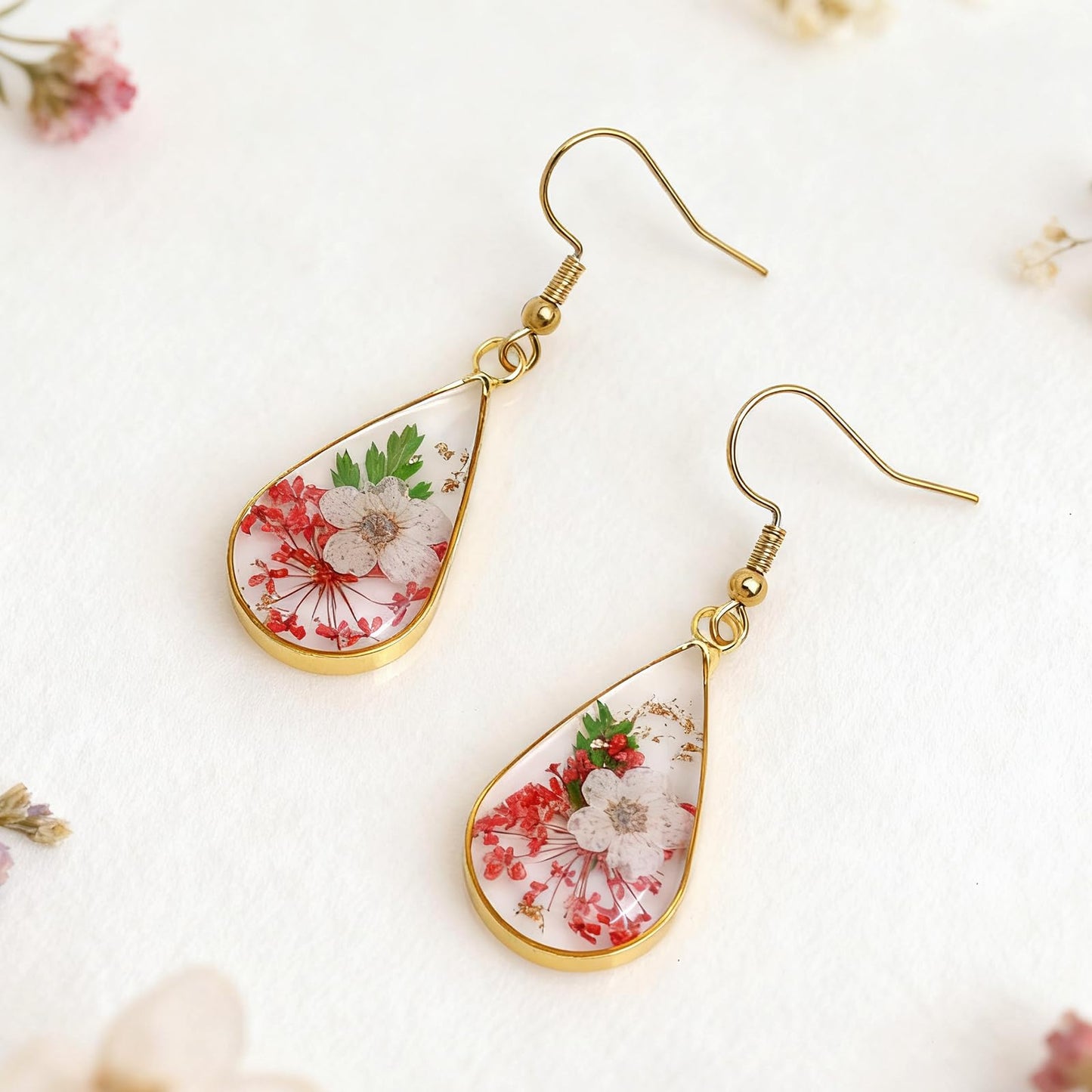 Jean Beau Handmade Pressed Flower Earrings for Women, Unique Resin Red White Dried Flowers Gold Plated Teardrop Dangle Drop Nature Floral Earings Fashion Summer Jewelry Gift