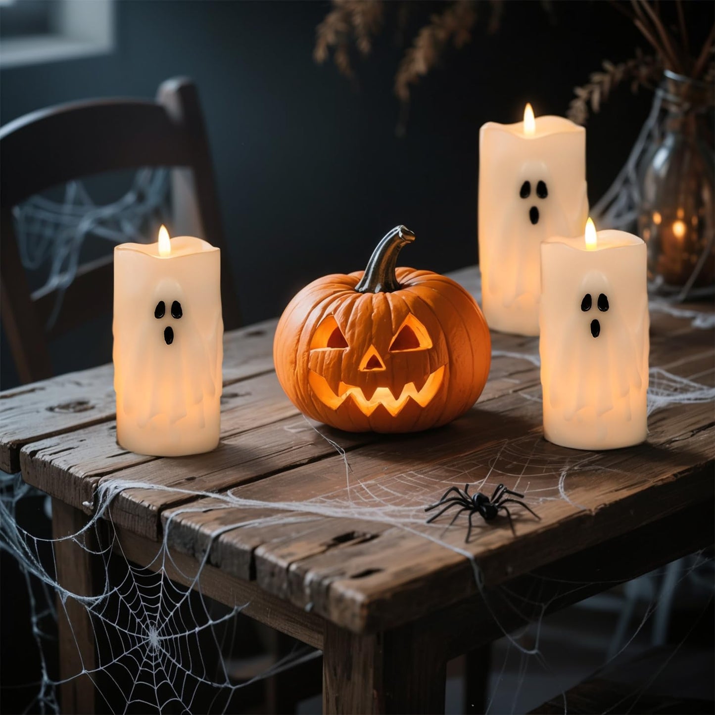 Eldnacele Spooky Ghost Halloween Flameless Candles Battery Operated with Remote & Timer Set of 2 LED Flickering Pillar Candles White Real Wax 3D Wick Long Lasting Home Indoor Decor (3" D x 6.5"" H)"