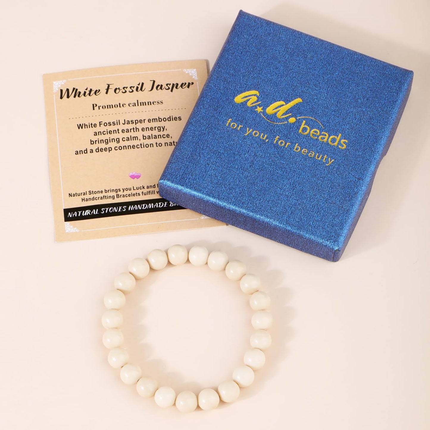AD Beads 4mm Handmade White Fossil Jasper Elastic Bracelet โ Natural Gemstone for Promote calmness โ Meditation, Yoga, Healing and Energy Gift for Men Women