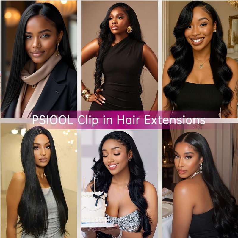 PSIOOL 1B Natural Black Human Hair Clip In Extensions - 18 Inch Straight Seamless 8pcs/100g, Real Remy Invisible Clip Ins for Women(Cabello Humano)
