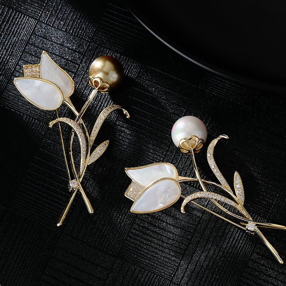 EMEGCY 18K Gold Tulip Brooch for Women Pearl Flower Brooch Pin Pearl Tulip Lapel Pin Flower Jewelry Mother's Day Birthday Gifts for Mom Wife Bride Valentine's Day Wedding