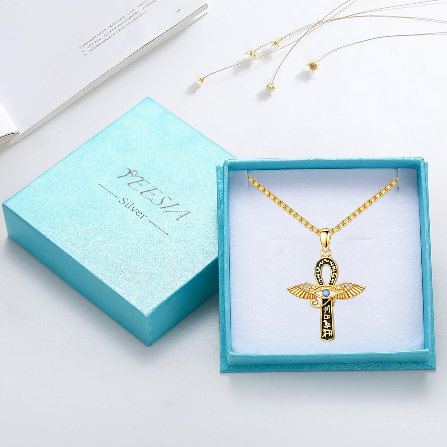 YEESIA Cross Necklace for Men Women, 925 Sterling Silver, Gold Anka Cross Pendant Necklace Evil Eye Pendant with Moonstone, Egyptian Protective Jewelry Gift for Men Women