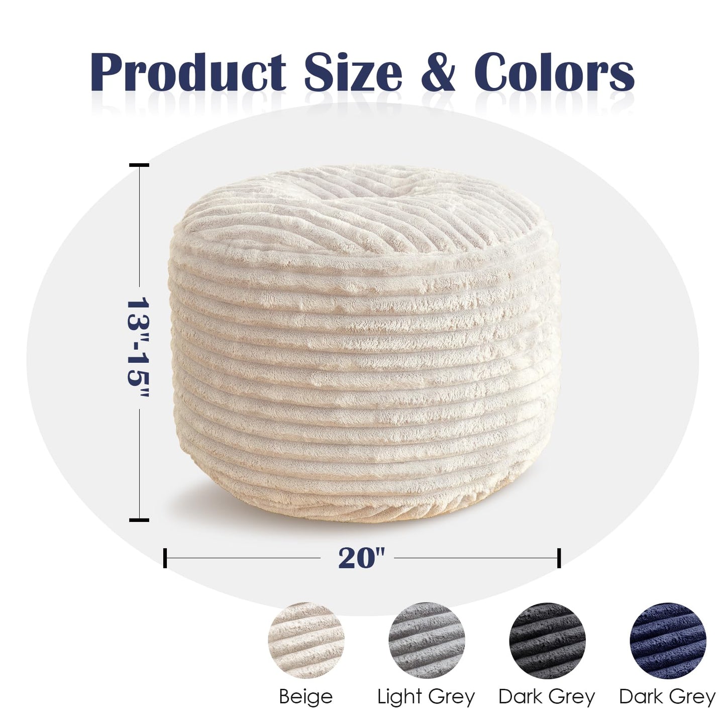 SHOUREN Stuffed Round Pouf Ottoman,Corduroy Foot Rest with Shredded Foam Filling, Lightweight and Fluffy Pouf Storage Ottoman for Living Room,Floor Poufs for Couch,20"x15", Beige