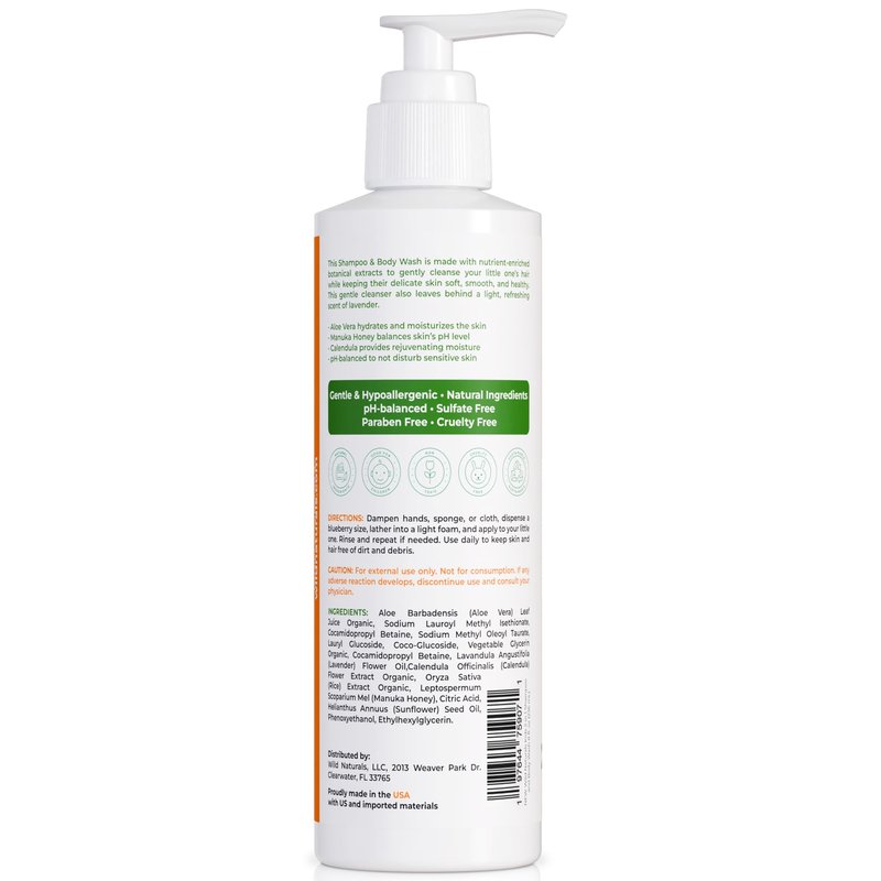 Wild Naturals Baby Eczema Shampoo & Body Wash, Gentle Eczema Body Wash for Kids with Aloe, Calendula & Manuka Honey, Tear-Free, Hypoallergenic, Natural Formula for Dry, Sensitive Skin, 8 fl oz