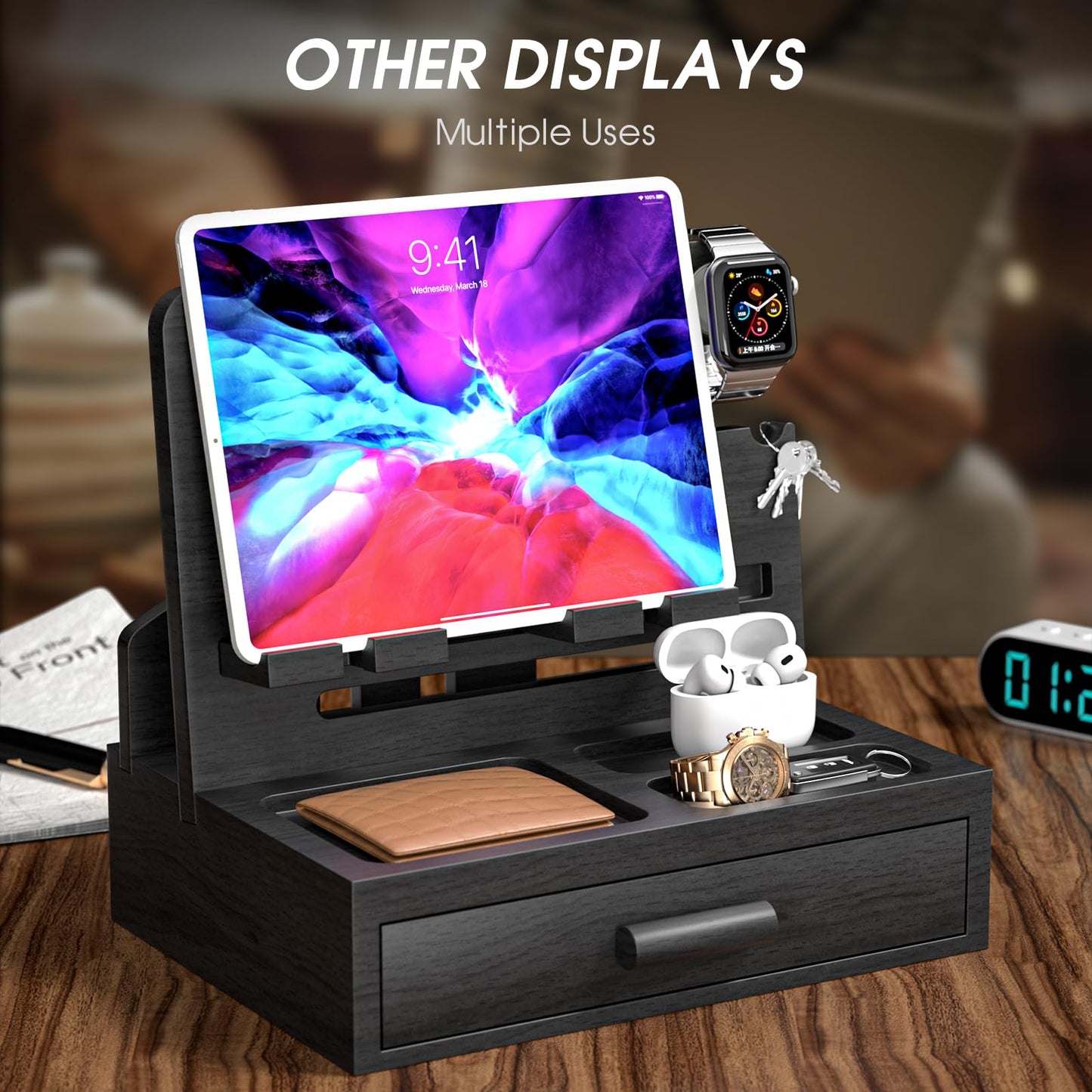 melafa365 Nightstand Organizer for Men,Phone Docking Station with Cable Management,Night Stand with Drawer,Bedside Organizer for Watches,Keys,Wallets,Gifts for Men(Black)