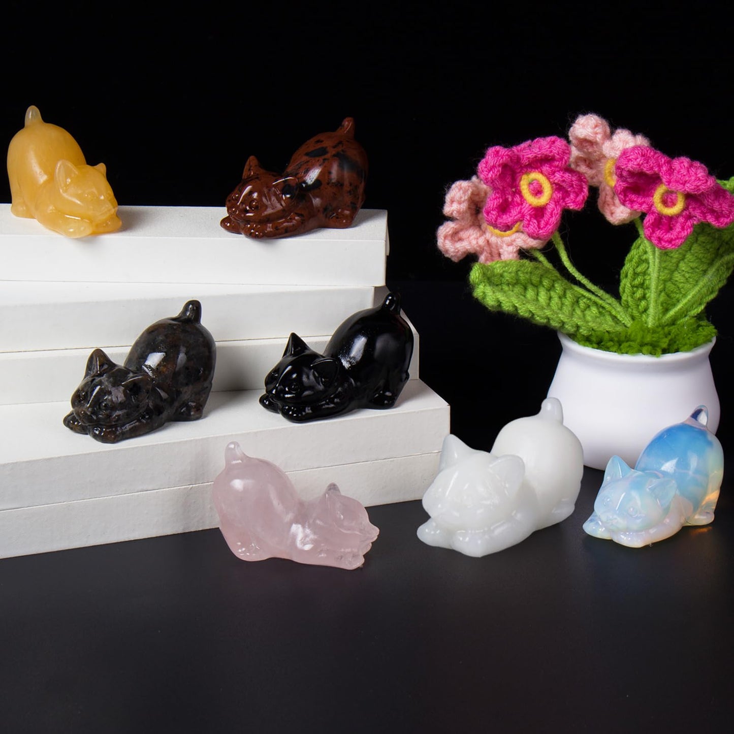 QLRSUXN 2 Inch Yooperlite Cat Crystal Figurines, Cute Kitten Statues for Kitten Lovers and Collectibles, Cat Decor Fingurines for Home Desk Office, Carved Healing Crystal Reiki Animal Gifts for Women