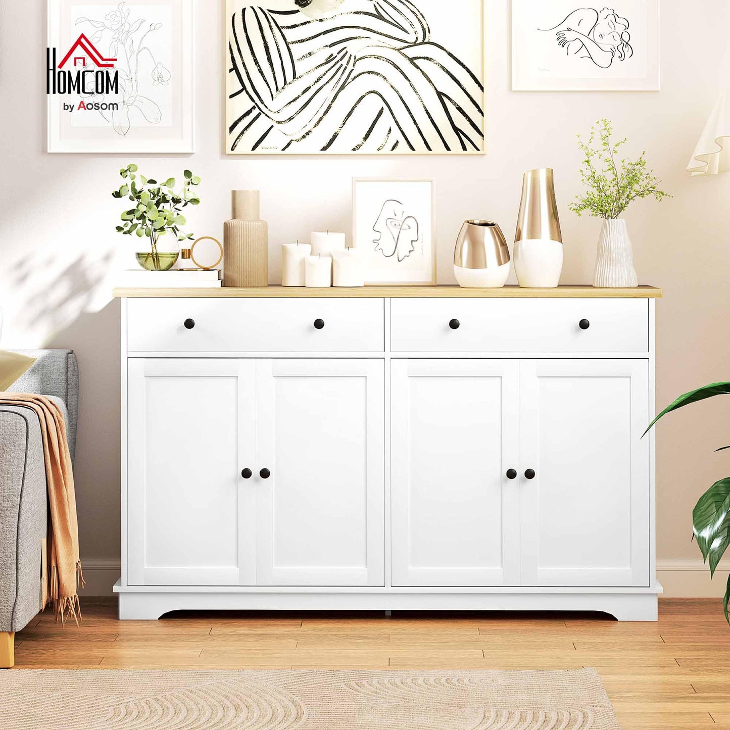HOMCOM Sideboard Buffet Cabinet with Storage, 55" Modern Kitchen Cabinet with 4 Doors, 2 Drawers and 2 Adjustable Shelves, Coffee Bar Cabinet, White