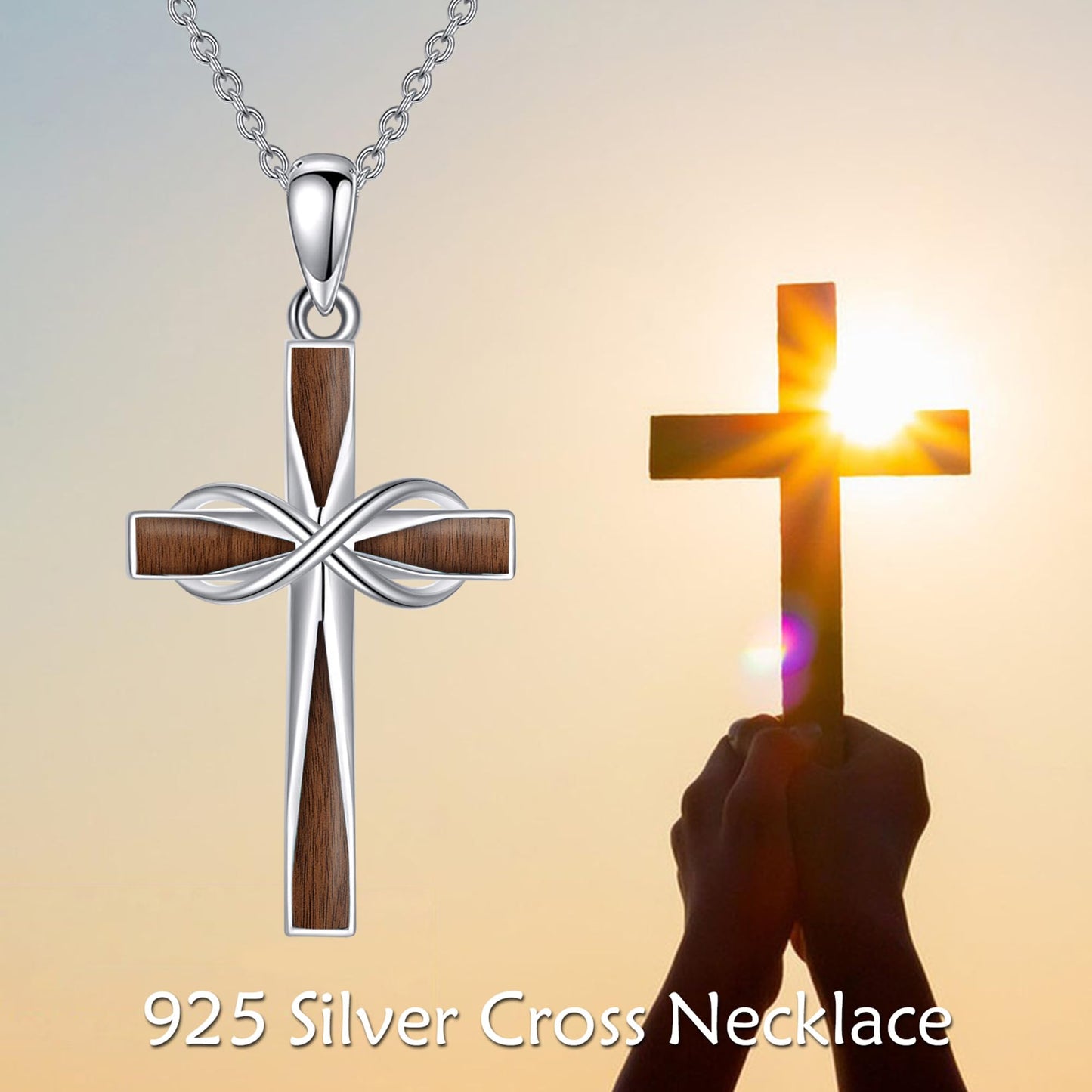 ONEFINITY Wooden Cross Necklace 925 Sterling Silver Infinity Cross Pendant Necklace Religious Jewelry Gifts for Women Men