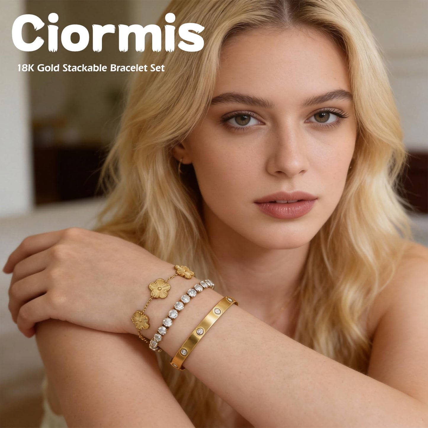 Ciormis Gold Plated Clover Tennis Love Bracelets Set for Women, Tarnish Free 18K Gold Bangles Trendy Floral Jewelry Gift for for Girlfriends Women Wife Anniversary Valentines Birthday Christmas