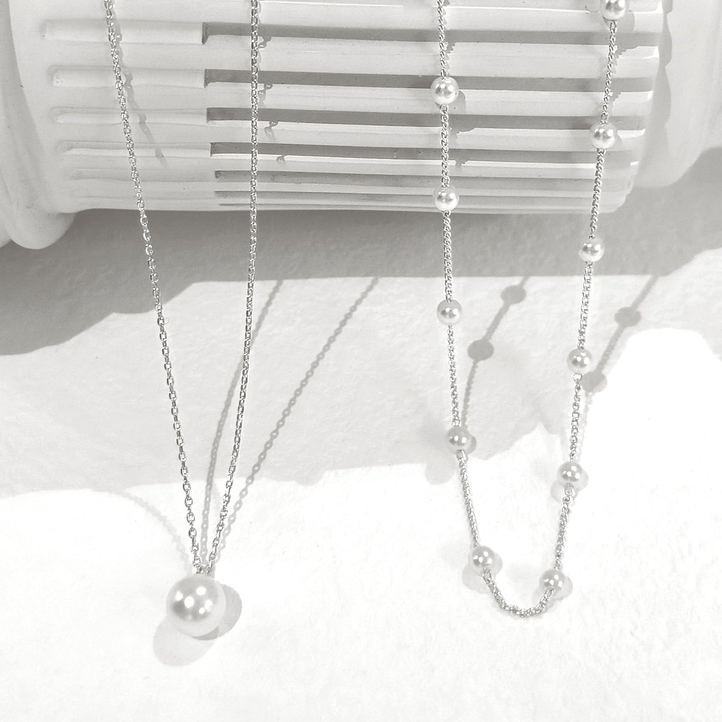 Zeffy Layered Silver Pearl Necklaces for Women Dainty Layered Tiny Single Pearl Choker Trendy Cute Silver Necklace Stack Wedding Jewelry Sets for Women Bridesmaid Gifts 2PCS