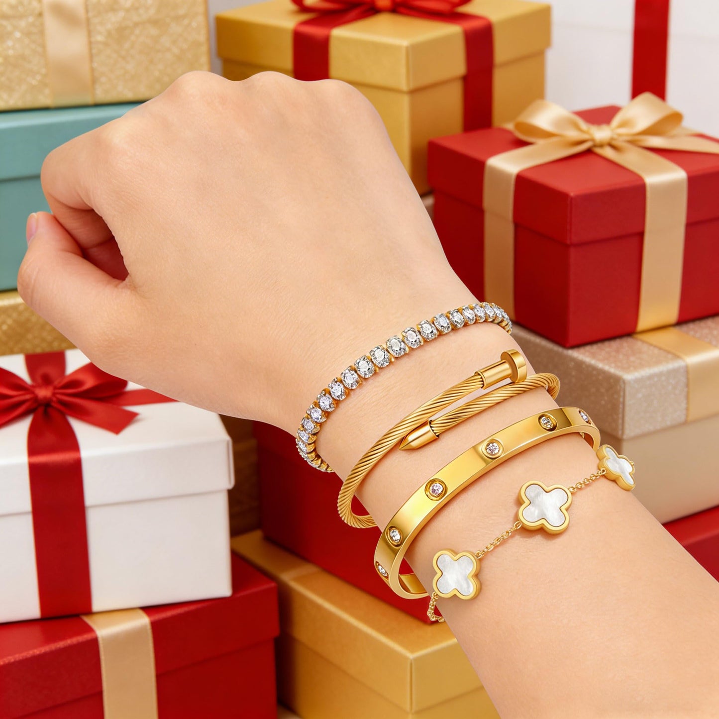 Gold Bracelets for Women, 18K Gold Plated Women Tennis Bracelets Clover Nail Love Bangle Bracelet Set, Gold Bracelet Stackable Set Trendy Jewelry, Gifts for Women's Day and Mother's Day (09-Color- 4 White)