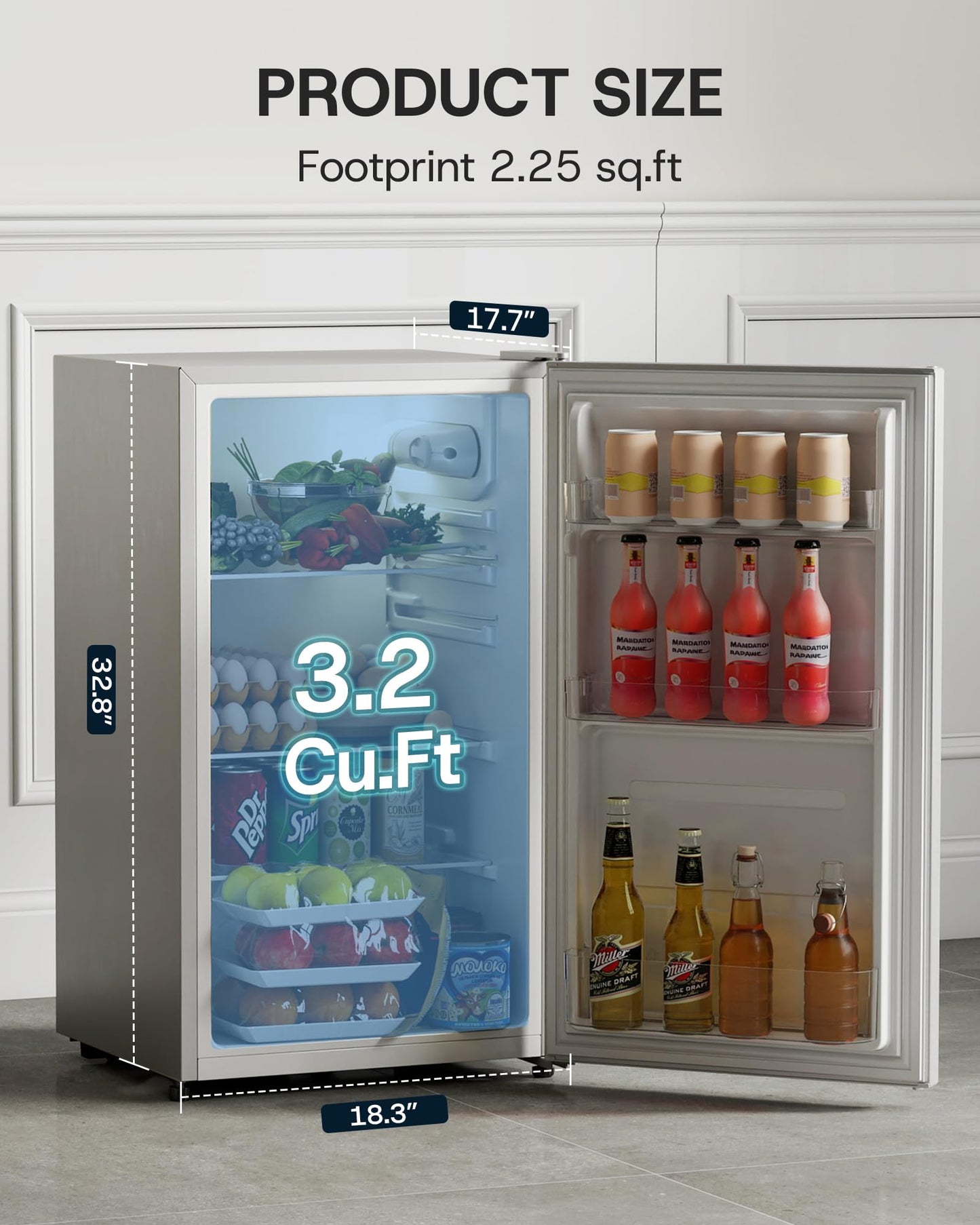 Upstreman 3.2 Cu.Ft All-Refrigerator Mini Fridge, Single Door Small Refrigerator, Dorm Fridge with 7 Adjustable Thermostat, Compact Refrigerator for Office, Bedroom or Dorm, Silver-CR32
