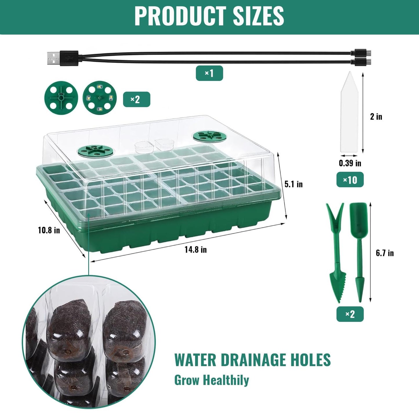 conwhzc 48-Cell Seed Starter Tray Kit with Grow Light, 2 Full-Spectrum LED Lights, 13cm Tall Humidity Dome, Thick PVC Seedling Trays, Labels & Tools, USB-C Power, Indoor Germination