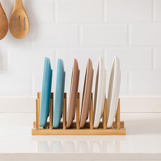 HBlife Bamboo Dish Plate Bowl Cup Book Pot Lid Cutting Board Drying Rack Stand Drainer Storage Holder Organizer Kitchen Cabinet(Keep Dry)