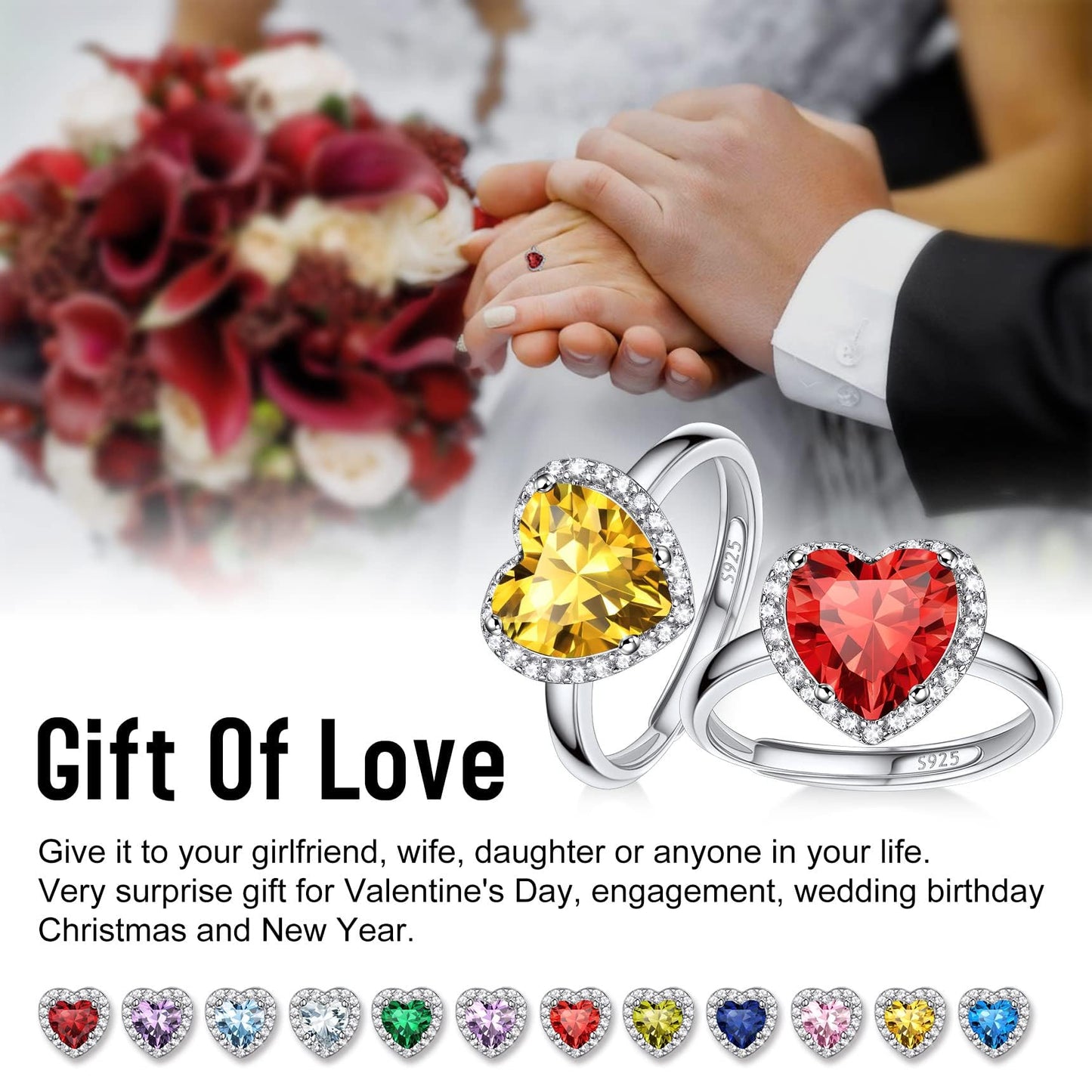 Bestyle 925 Sterling Silver Heart Cut Gemstone Cubic Zirconia Rings for Women April White Diamond Rings, Statement and Promise Ring for Engagement/Wedding/Anniversary/Valentines Day