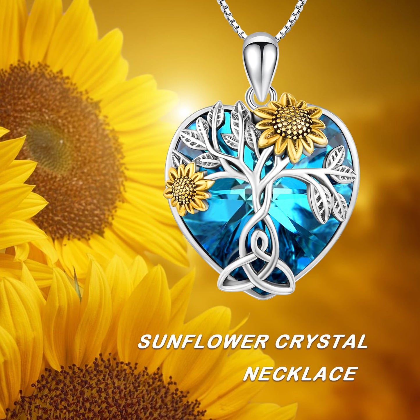CHENGHONG Sunflower Necklace 925 Sterling Silver Celtic Knot Necklace Tree of Life Pendant Sunflower Crystal Jewelry Gifts for Women Gifts