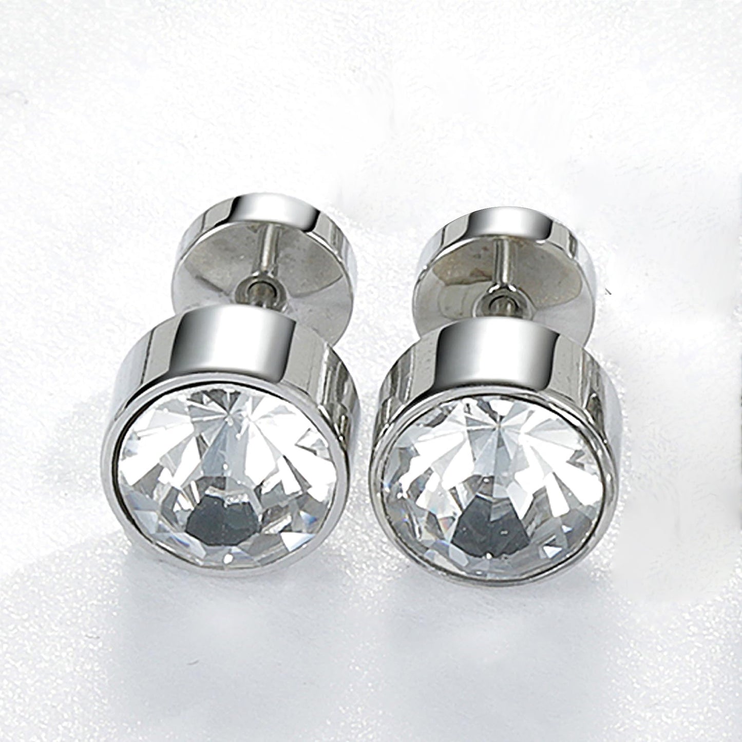 VOLUKA Titanium Earrings Screw Flat Back Earrings Studs Hypoallergenic for Sensitive Ears Cubic Zirconia Created Quartz Punk Dot Disc Barbell Stud Earrings-8mm CZ