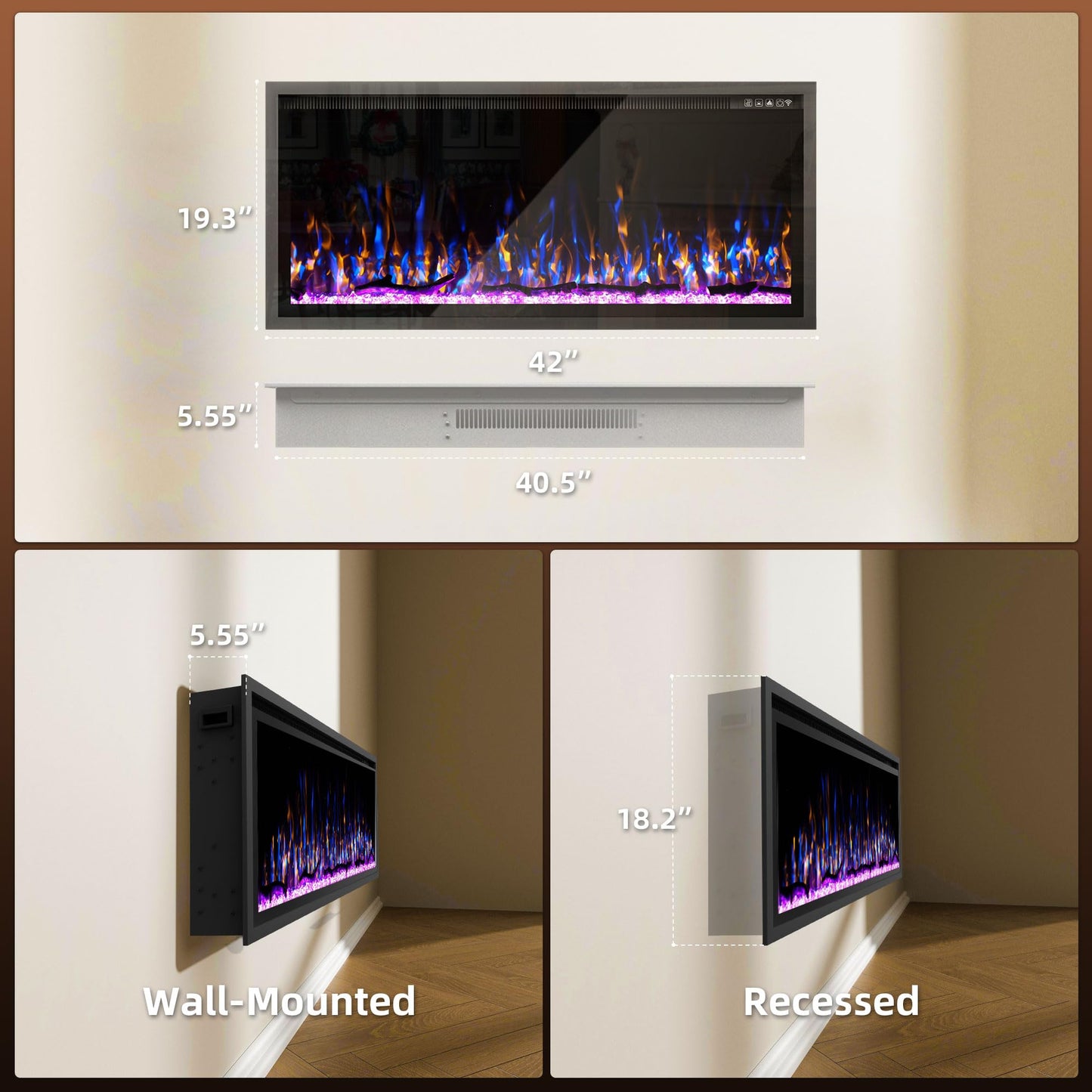 Eueiriup 42" Electric Fireplace in Wall Recessed & Wall Mounted Linear Fireplace with Temperature Control, Log & Crystal Option, Remote Control 750/1500W for Indoor Used Heater