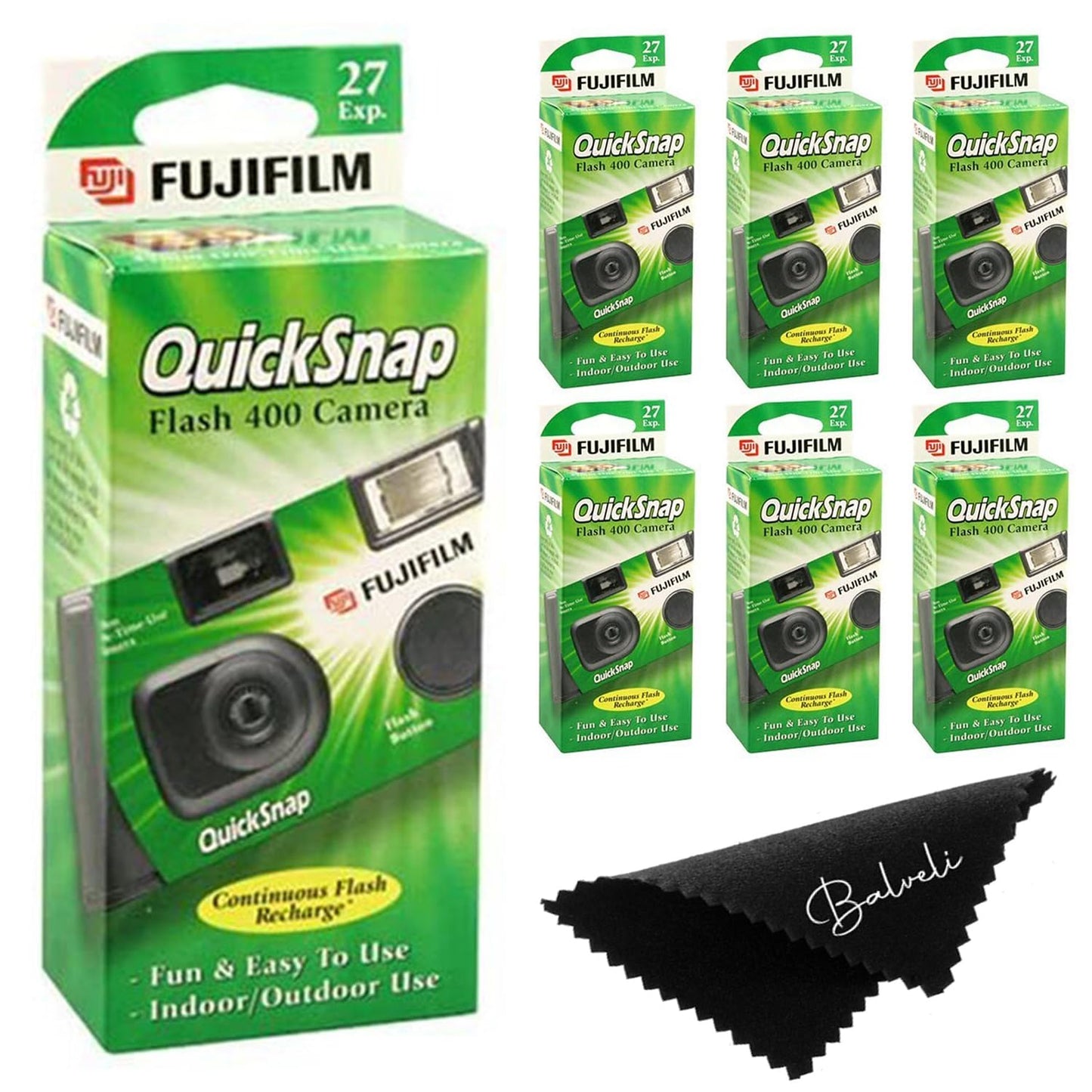 Fuji Film Quicksnap Flash Disposable Camera 400 Iso, 6 Pack, 35mm 27 Exp,with Balveli Coth, Fuji Film Disposable Camera Bulk, 6 Pack of Fuji Disposable Cameras.