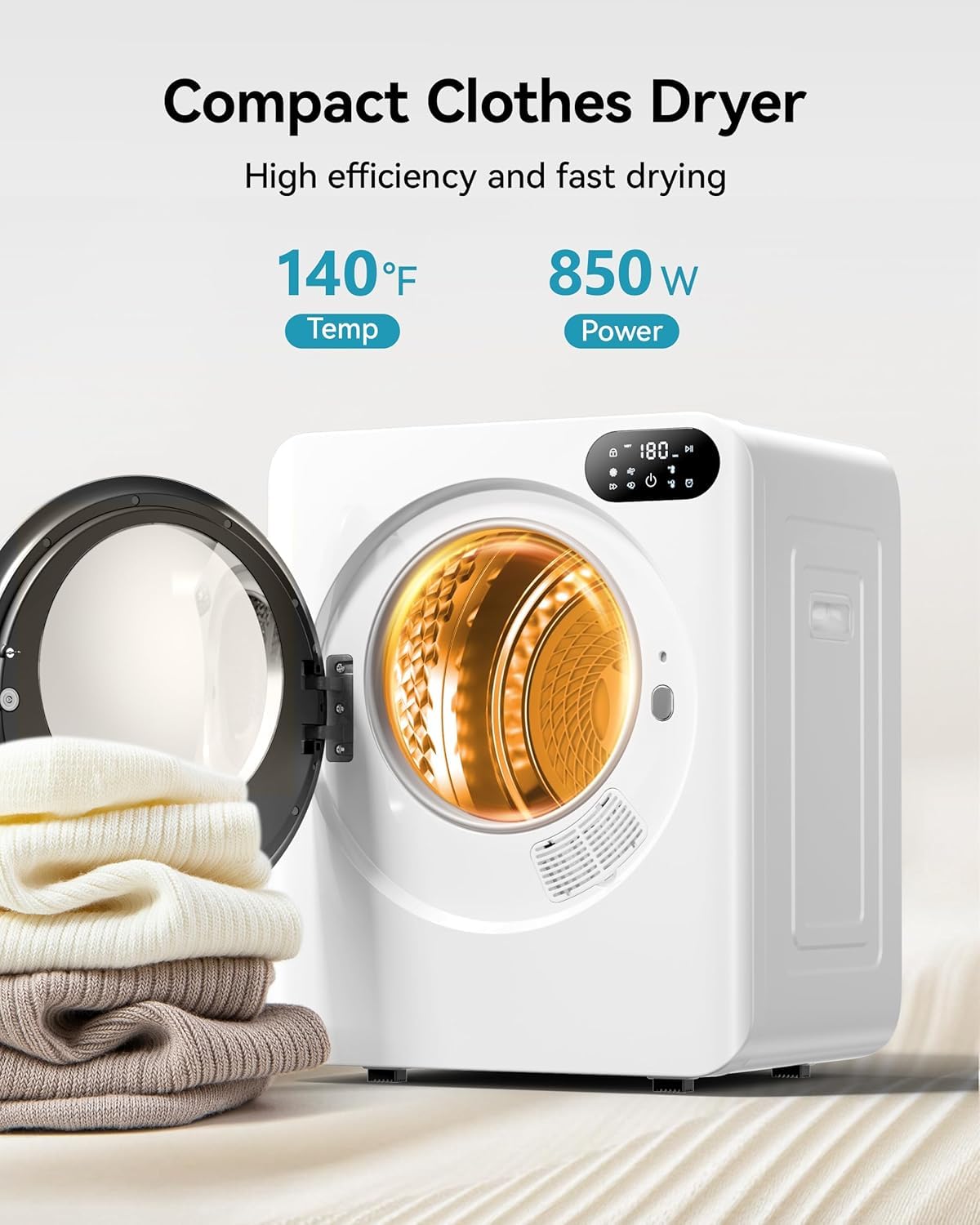 Euhomy Portable Dryer,1.5 Cu.Ft Clothes Dryer with Stainless Steel Drum, 850W Drying Machine with Exhaust Pipe, LED Control Panel For Apartments, Home, Dorm, White
