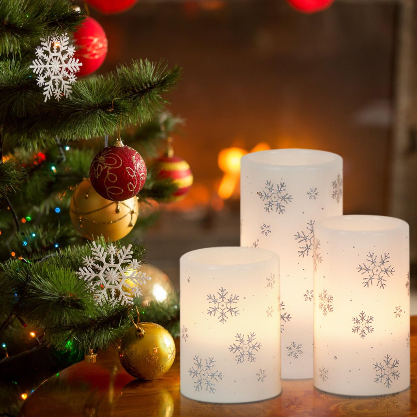 DRomance Silver Snowflake Flameless Flickering Candles Battery Operated with 6H Timer, 3 Pack Real Wax Warm Light LED Pillar Candles Dinner Tabletop Holiday Centerpiece Decor 3" x 6"""