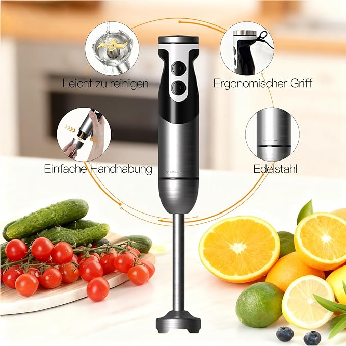 MegaWise Blender Handheld 12-Speed Stainless Steel Electric Hand Blender, 5 in 1 Immersion Handheld Blender,Titanium Blades Hand Blender, Milk Frother Wand,with 600ml Whisk Beaker and Chopper (black)