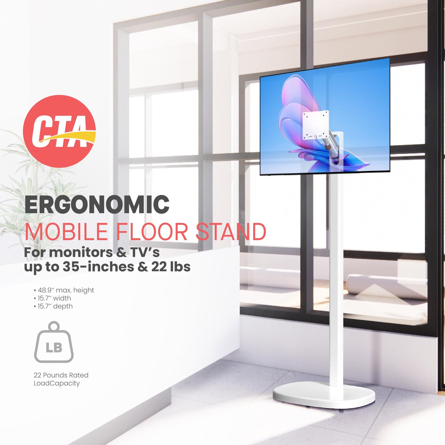 CTA Ergonomic Floor Stand For Monitors & TV’s Up To 35-inches & 22 lbs - Mobile Stand With Anti-Knockdown Base & Height Adjustable - Commercial Grade - (ADD-MSADFS)