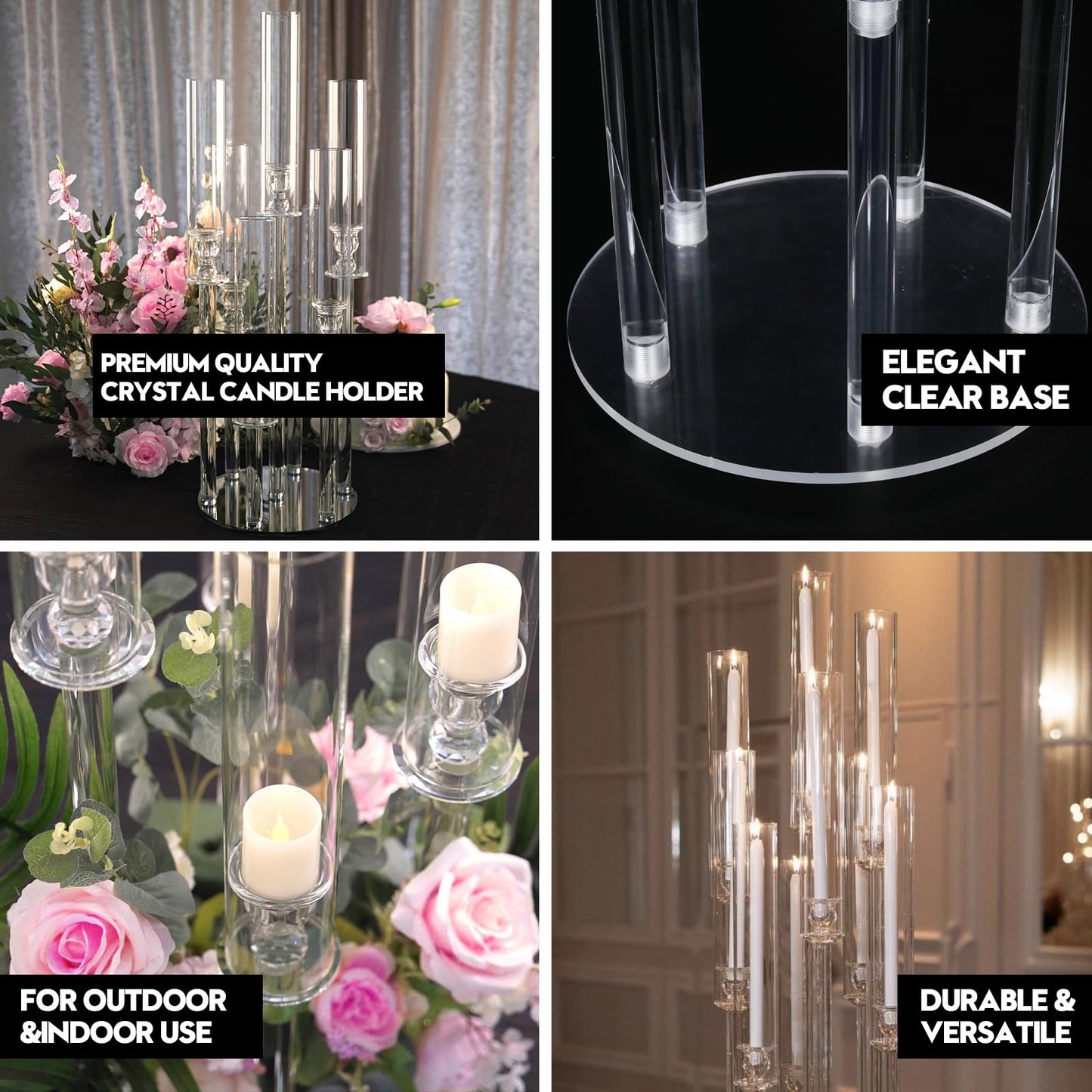6 Set 5 Arm Acrylic Candle Holder with Candles, Mjkeomo 22.8'' Tall Table Candelabra Centerpiece, Lightweight Candelabra with Lampshades for Fireplace Mantel, Wedding, Housewarming Gift