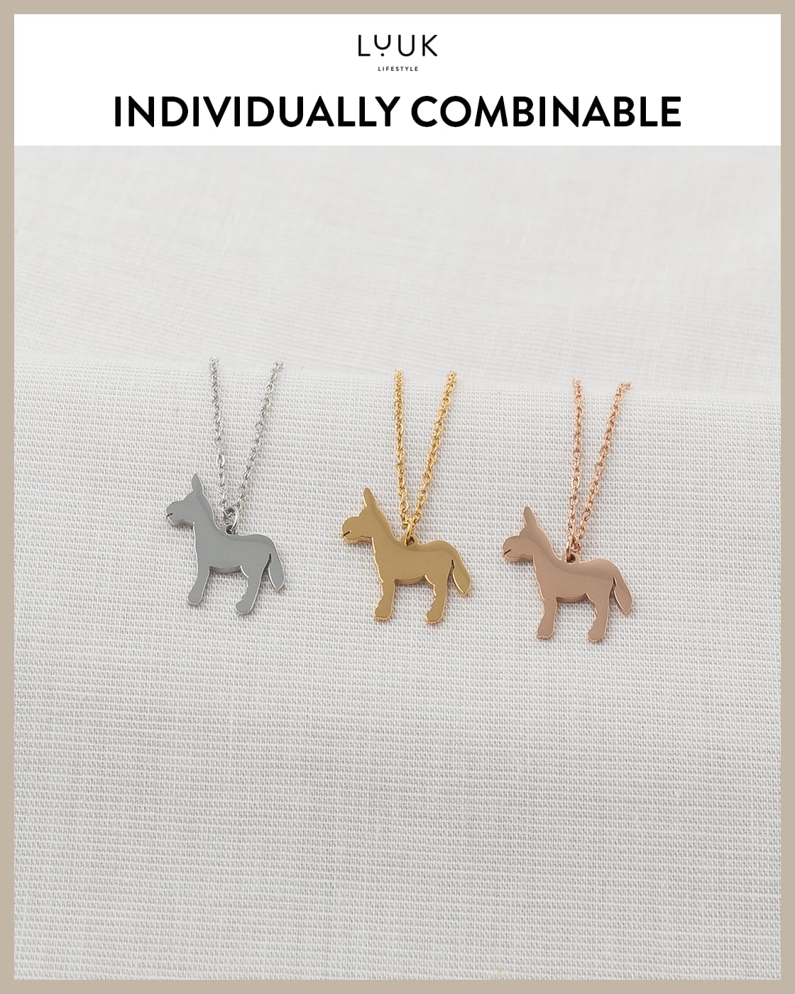 LUUK LIFESTYLE Donkey pendant, cute animal necklace, stainless steel, 14K Silver plated, HAPPINESS Gift Card, 19in adjustable sturdy chain, dainty, modern, trendy, gifting season winter aesthetic