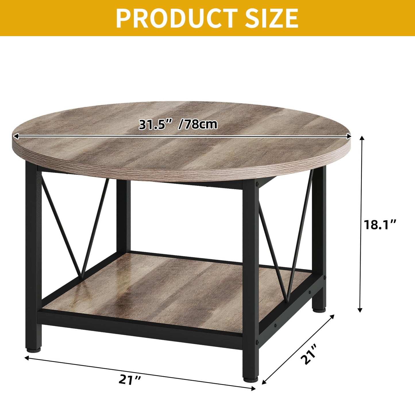 DWVO Round Coffee Tables for Living Room, Small 2 Tier Circle Coffee Table with Storage Open Shelf, Rustic Wooden Coffee Tables with Metal Frame Farmhouse Round Coffee Table for Home Office, Grey Wash
