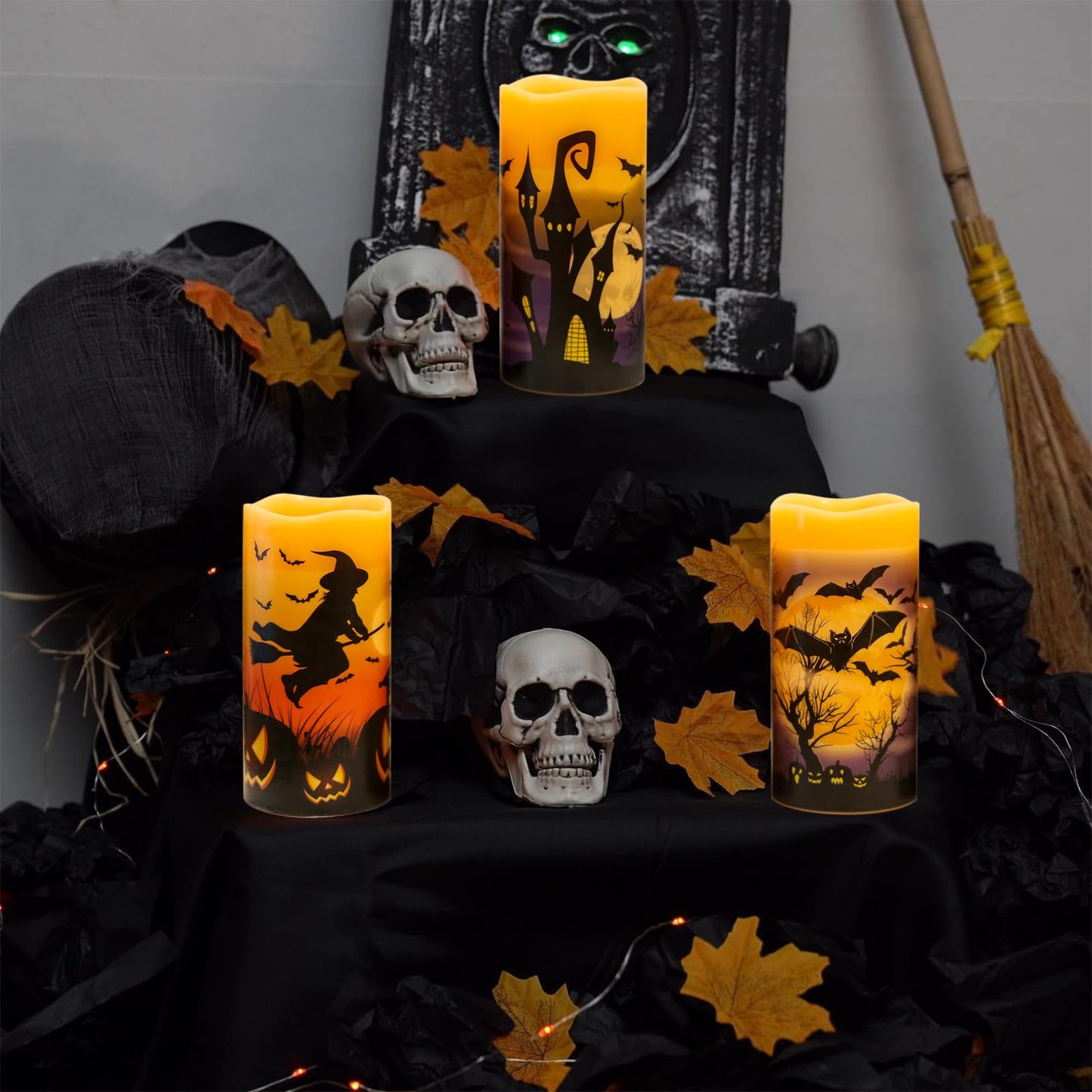 DRomance Rechargeable Halloween Flameless Candles Battery Operated with 6 Hour Timer Real Wax Flickering LED Pillar Candles Bats Witch Pumpkin Dinner Halloween Indoor Deocration(3 Pack, 3" D x 6"" H)"