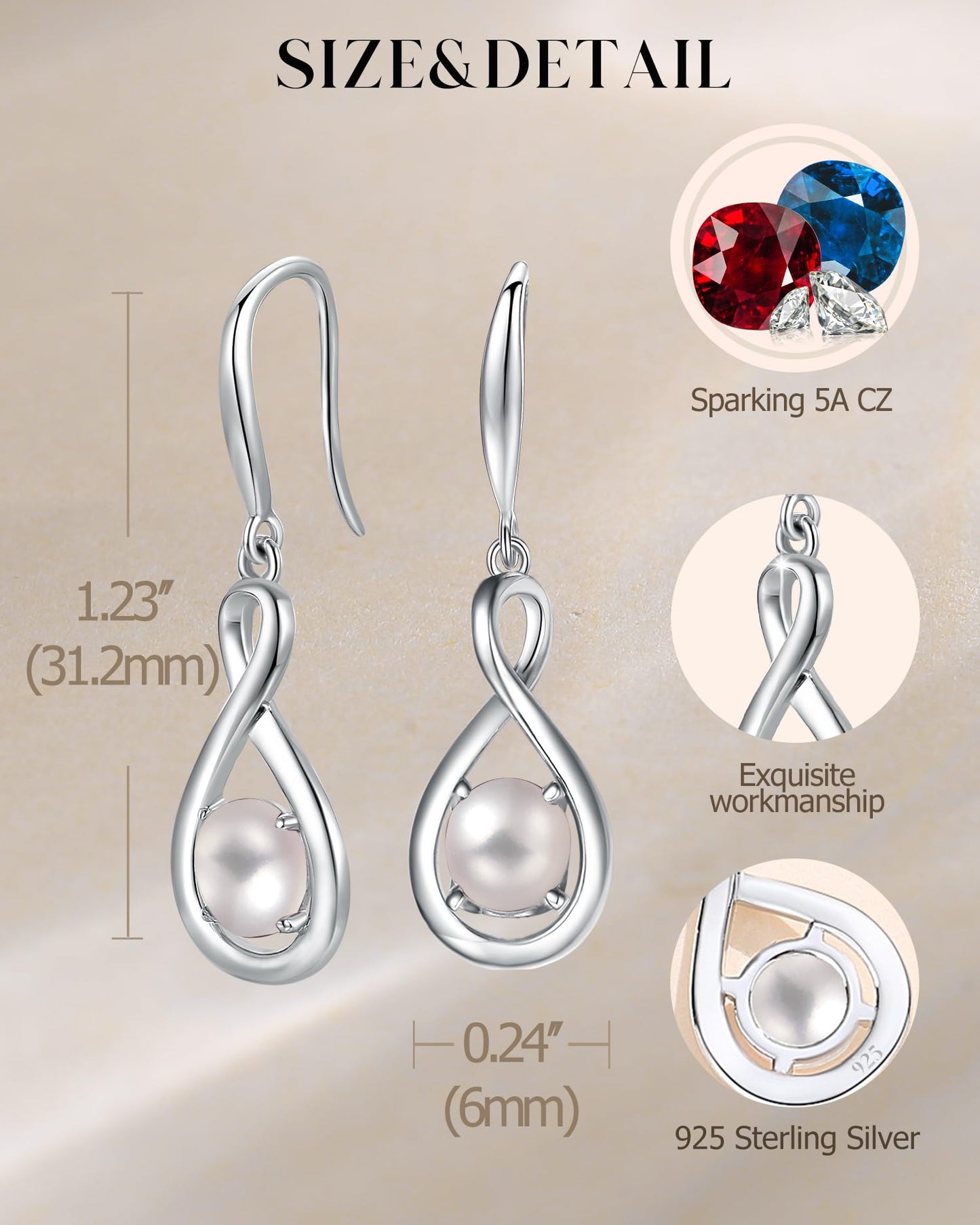 FANCIME White Pearl Dangle Drop Earrings 925 Sterling Silver Dainty Infinity June Birthstone Earring Fine Jewelry Birthday Mothers Day Gifts for Mom Her Women