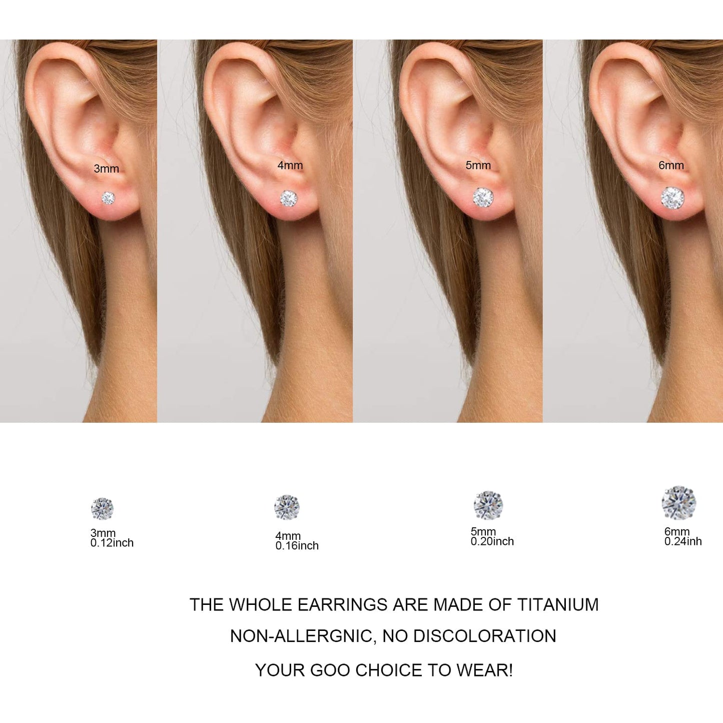 1 Pair Implant Grade Titanium Stud Earrings Set Hypoallergenic 3mm 4mm 5mm 6mm Cubic Zirconia G23 Titanium Earring Studs for Women Men for Sensitive Ear (5mm clear)