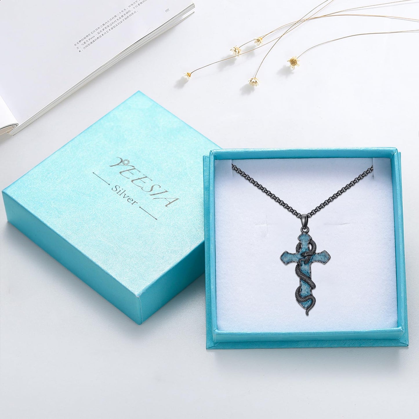YEESIA Cross Necklace for Women Men 925 Sterling Sliver Snake Cross Necklace Pendant with Turquoise Religious Jewelry Gifts for Women Men