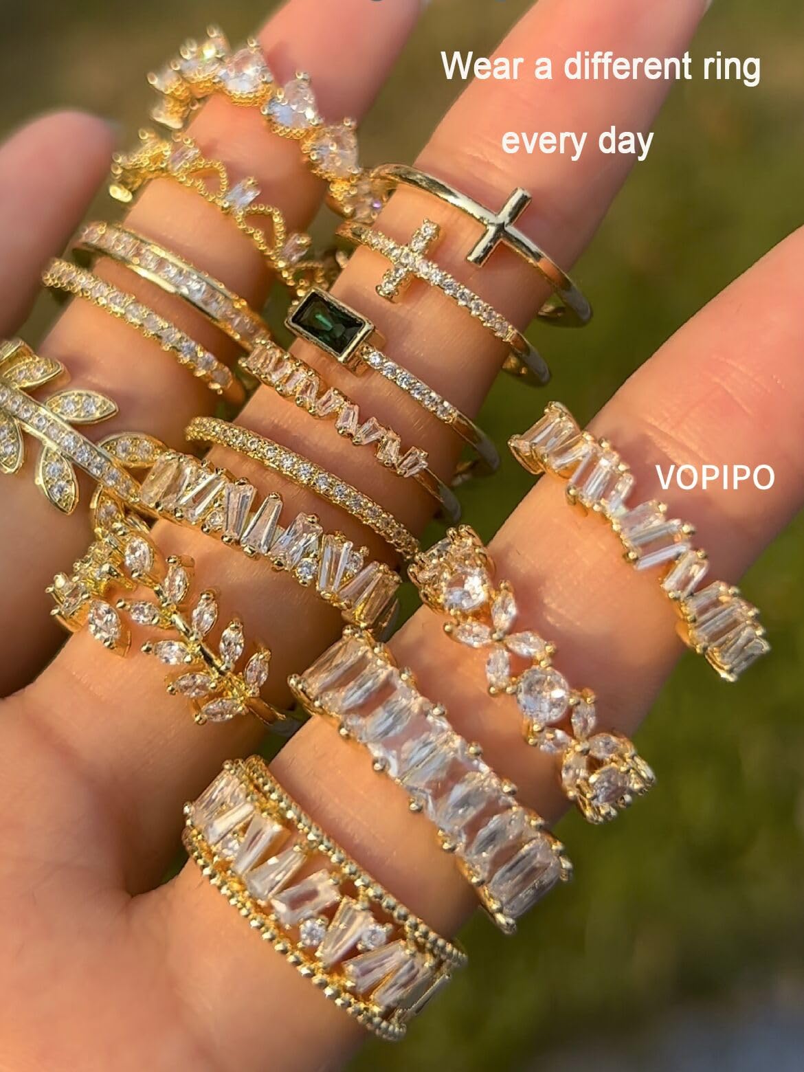 VOPIPO Dainty Baguette Cut Cubic Zirconia Open Finger Rings for Women 18K Gold Plated Adjustable Rings Trend CZ Gold Rings Personalized Minimalist Stacking Rings Jewelry Gifts
