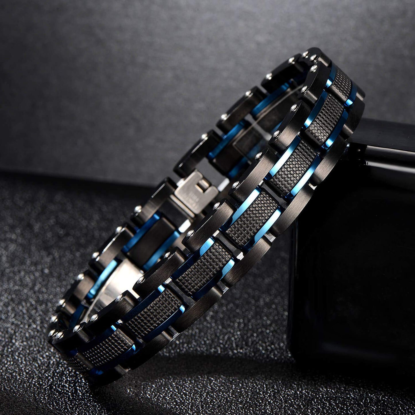 Zillaly men's stainless steel two-color square chain diamond bracelet, black and blue ion plating black, boyfriend, husband holiday gift, with gift box