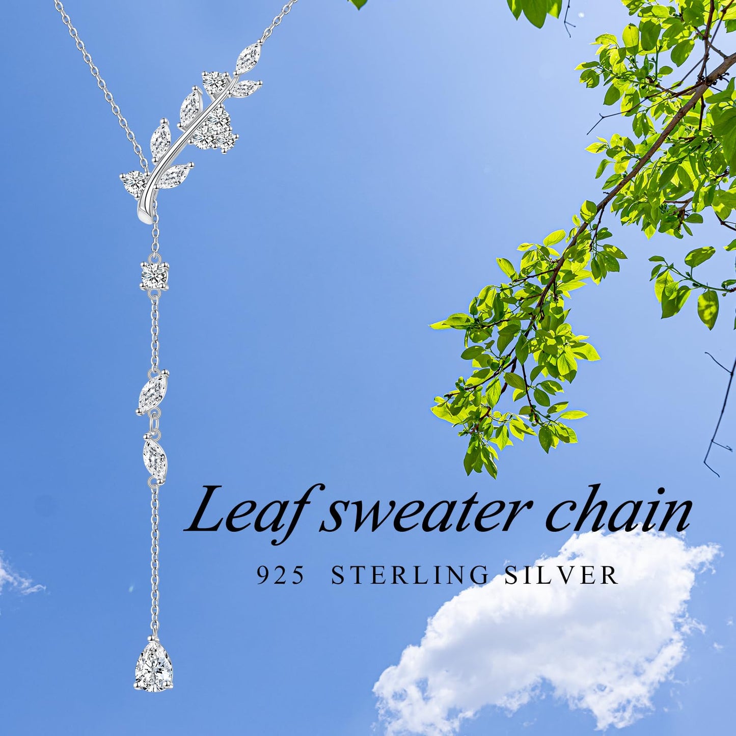 DAOCHONG Leaf Necklace Sterling Silver Leaf Pendant Long Chain Jewelry for Women and Lady Wedding Jewelry Cubic Zirconia Wedding Bridal Necklace for Brides Bridesmaid Gift