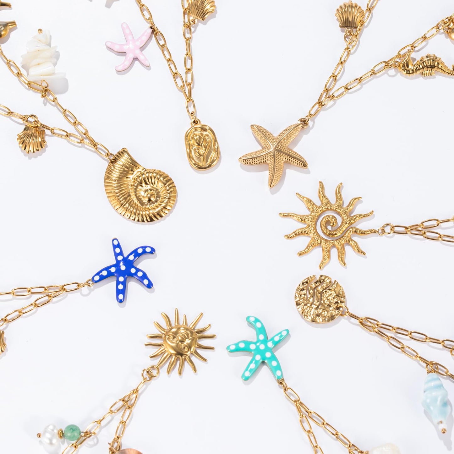 Chunky Gold Necklace Statement Boho Beach Ocean Summer Stainless Steel Jewelry Shell Starfish Turquoise Dolphin Pearl Sun Flower Wave Heart Fish Charm Choker Necklaces for Women(Teal)