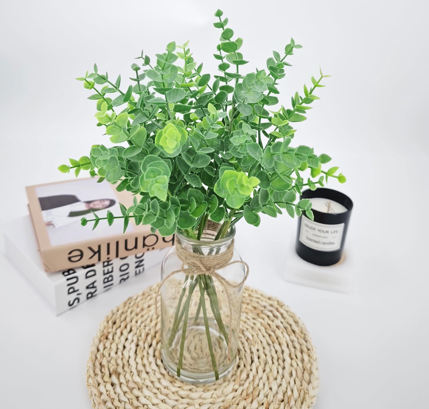 gonfaci Fake Eucalyptus Stems in Glass Vase with Faux Water, 14" Artificial Plants Eucalyptus Leaves for Shelf Desk Bathroom Farmhouse Room Coffee Table Home Decor (Sage Green)