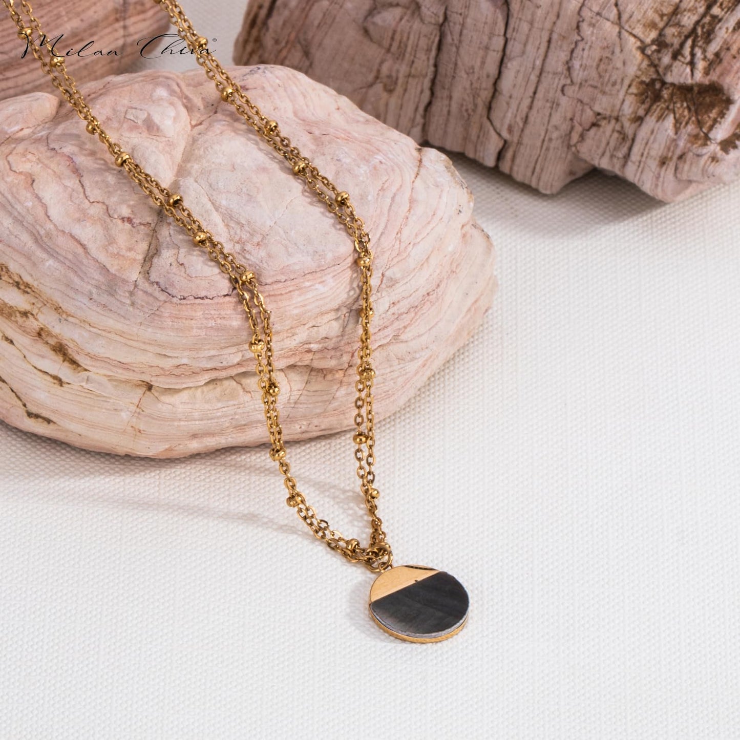Milan Chiva 14K Gold Plated Grey Mother of Pearl Layered Stacked Necklace for Women, Dainty Trendy Non Tarnish Circle Pendant Charm Necklaces Fashion Jewelry for Women Waterproof MNS-1008GY